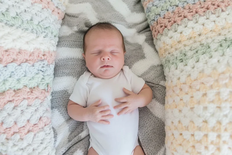 Newborn baby sleeping peacefully on a soft crocheted blanket in a cozy nursery setting