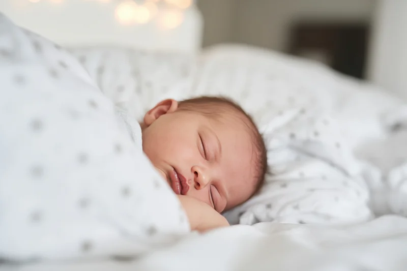 Newborn baby sleeping peacefully on white bedding in a cozy home setting