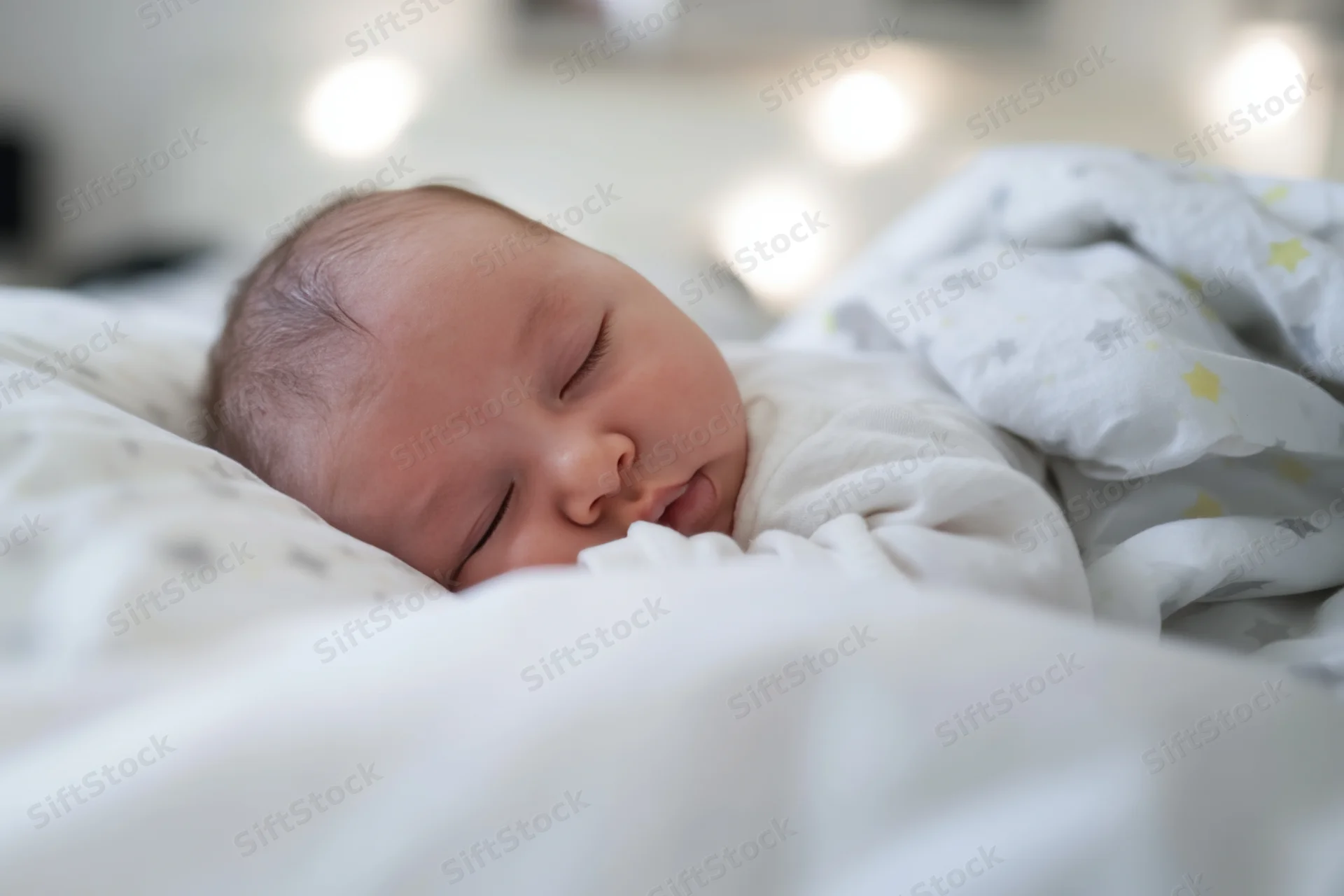 Newborn baby sleeping peacefully on white bedding with star-patterned blanket and soft bokeh lights in background