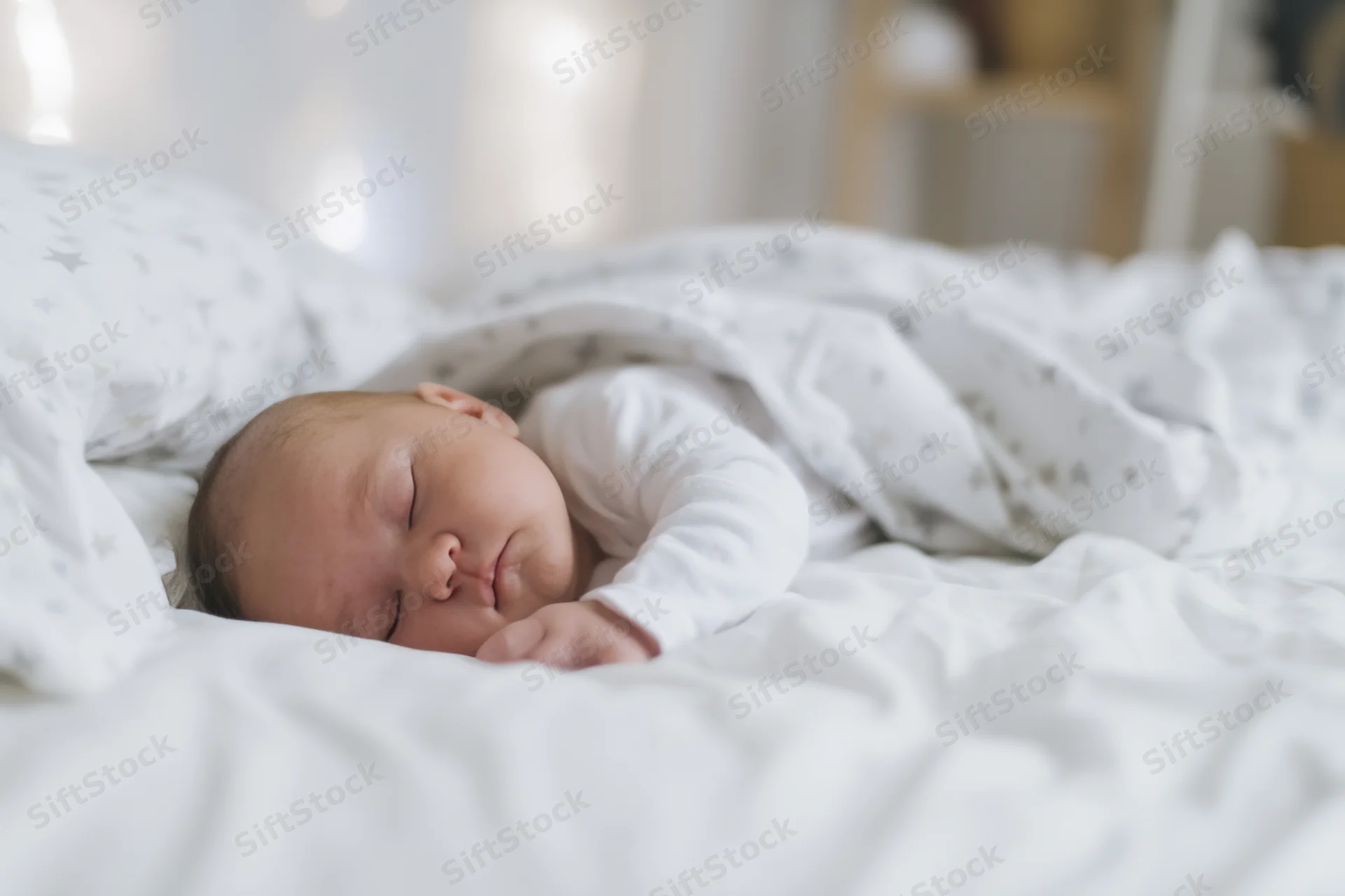 Newborn baby sleeping peacefully on white bedding with soft blanket and star-patterned comforter in a cozy nursery setting