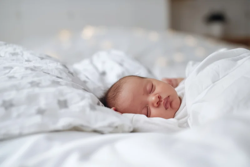 Newborn baby sleeping peacefully on white bedding in a cozy nursery setting