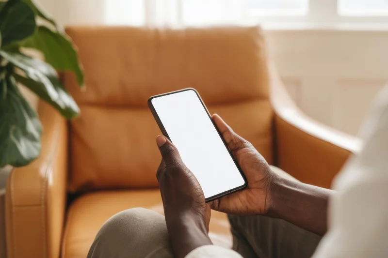 Man holding smartphone with blank screen while seated on tan leather armchair in living room