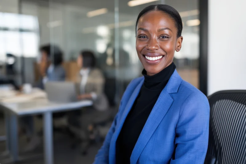 Smiling woman in blue blazer sitting in modern office with colleagues working in background