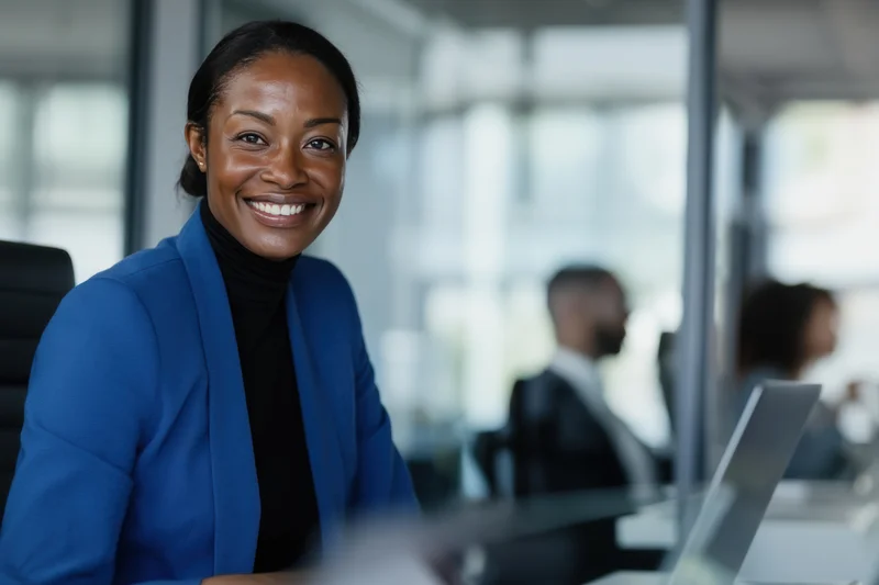 Smiling woman in blue blazer sitting at office desk with laptop and colleagues in background