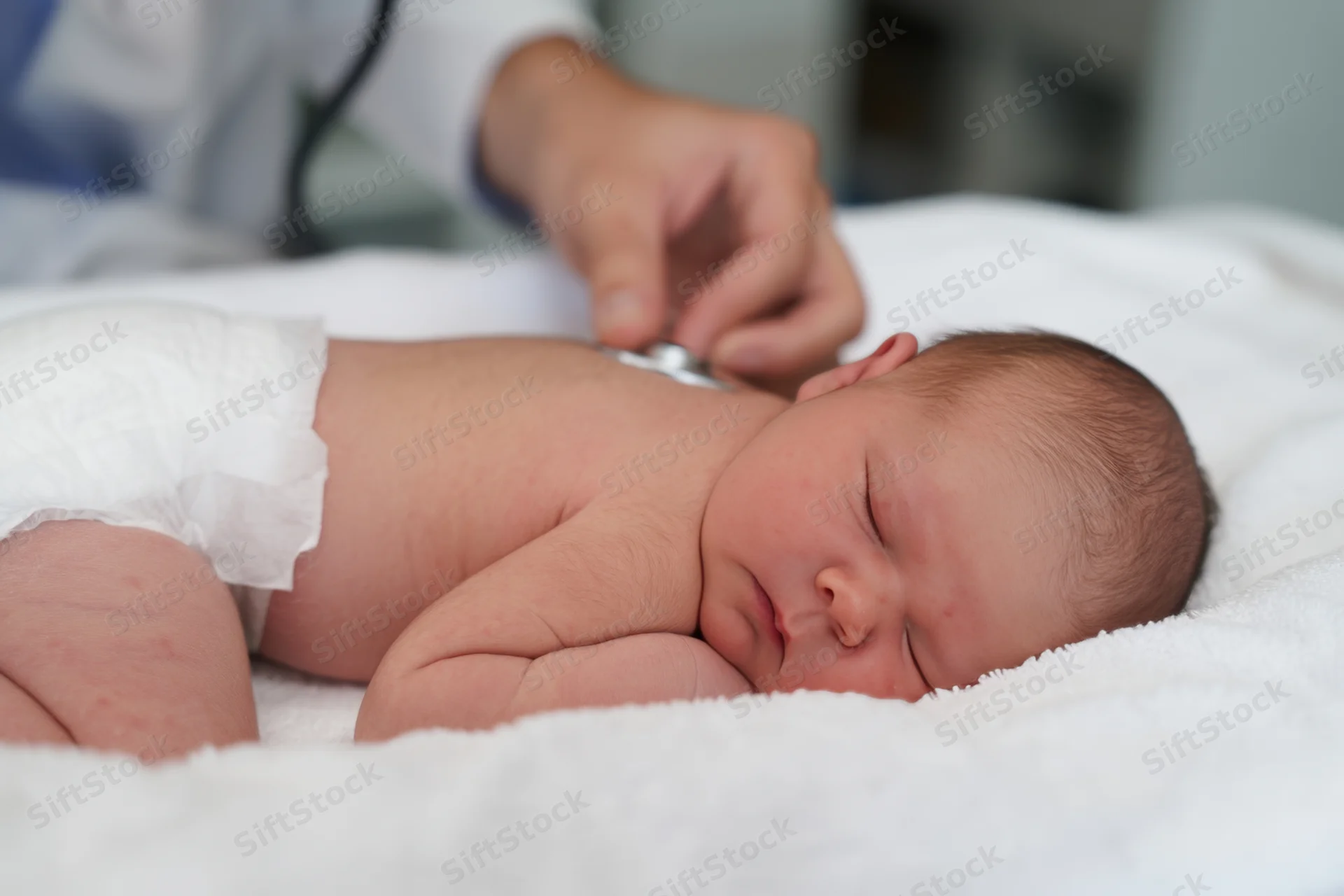 Sleeping newborn baby lying on white blanket during medical examination with stethoscope on chest