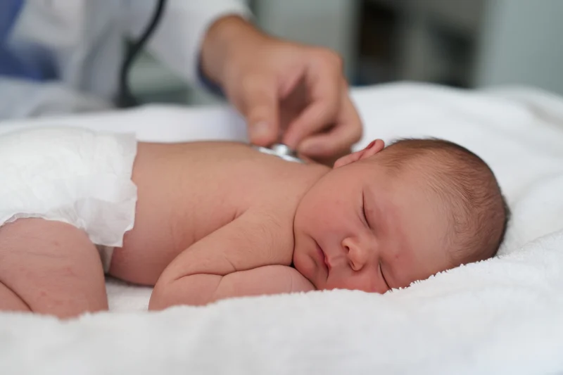 Sleeping newborn baby lying on white blanket during medical examination with stethoscope on chest