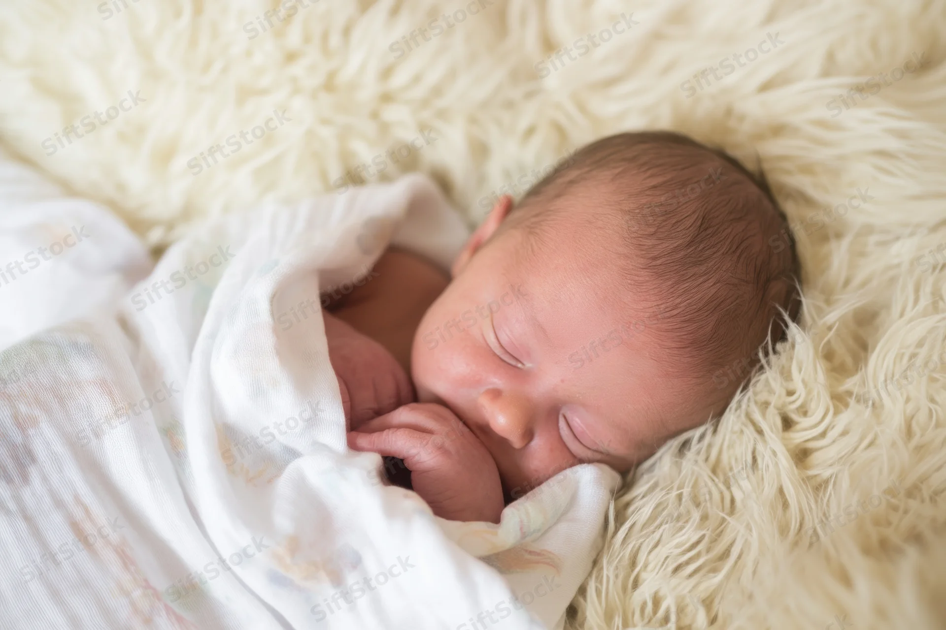 Newborn baby sleeping swaddled in a white blanket on a fluffy ivory fur surface