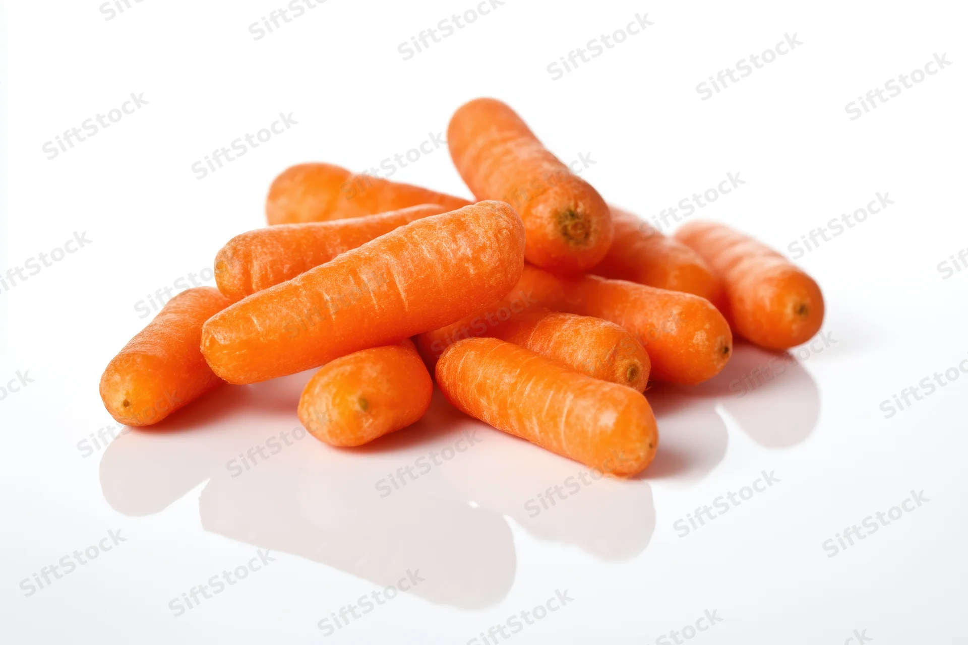 A small pile of bright orange baby carrots arranged on a clean white reflective surface