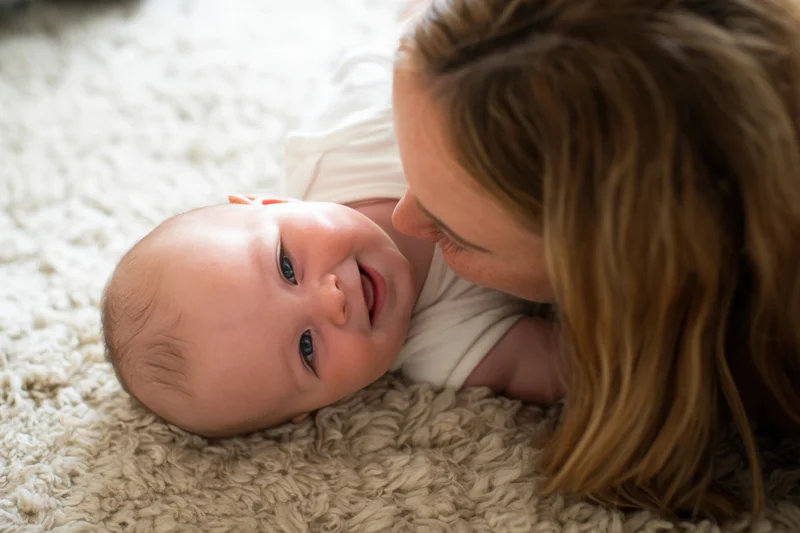 Smiling baby lying on soft shaggy rug with woman leaning close for eye contact