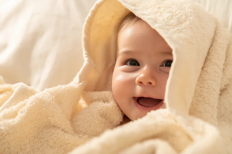 Smiling baby wrapped in a soft cream hooded towel indoors