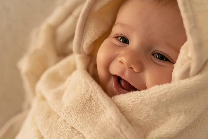 Smiling baby wrapped in a soft cream towel with warm light