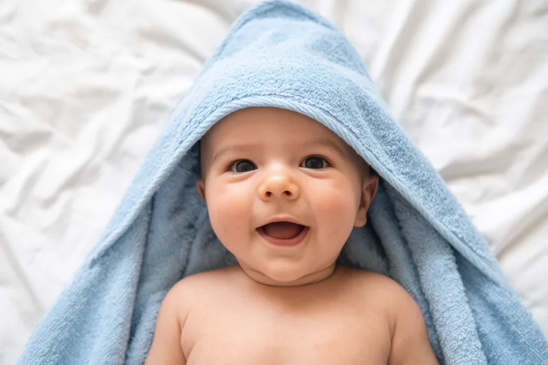 Smiling baby wrapped in a blue towel lying on white bedding