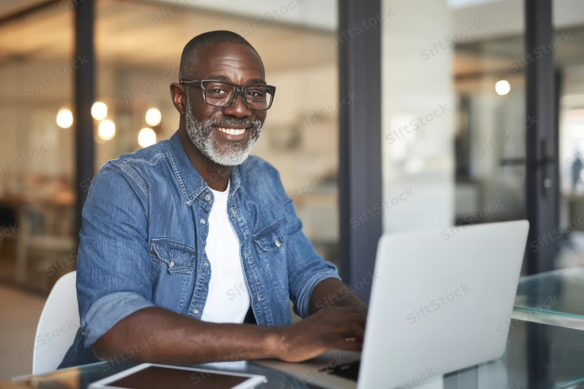 Smiling man with short beard and glasses working on laptop at glass desk in modern office