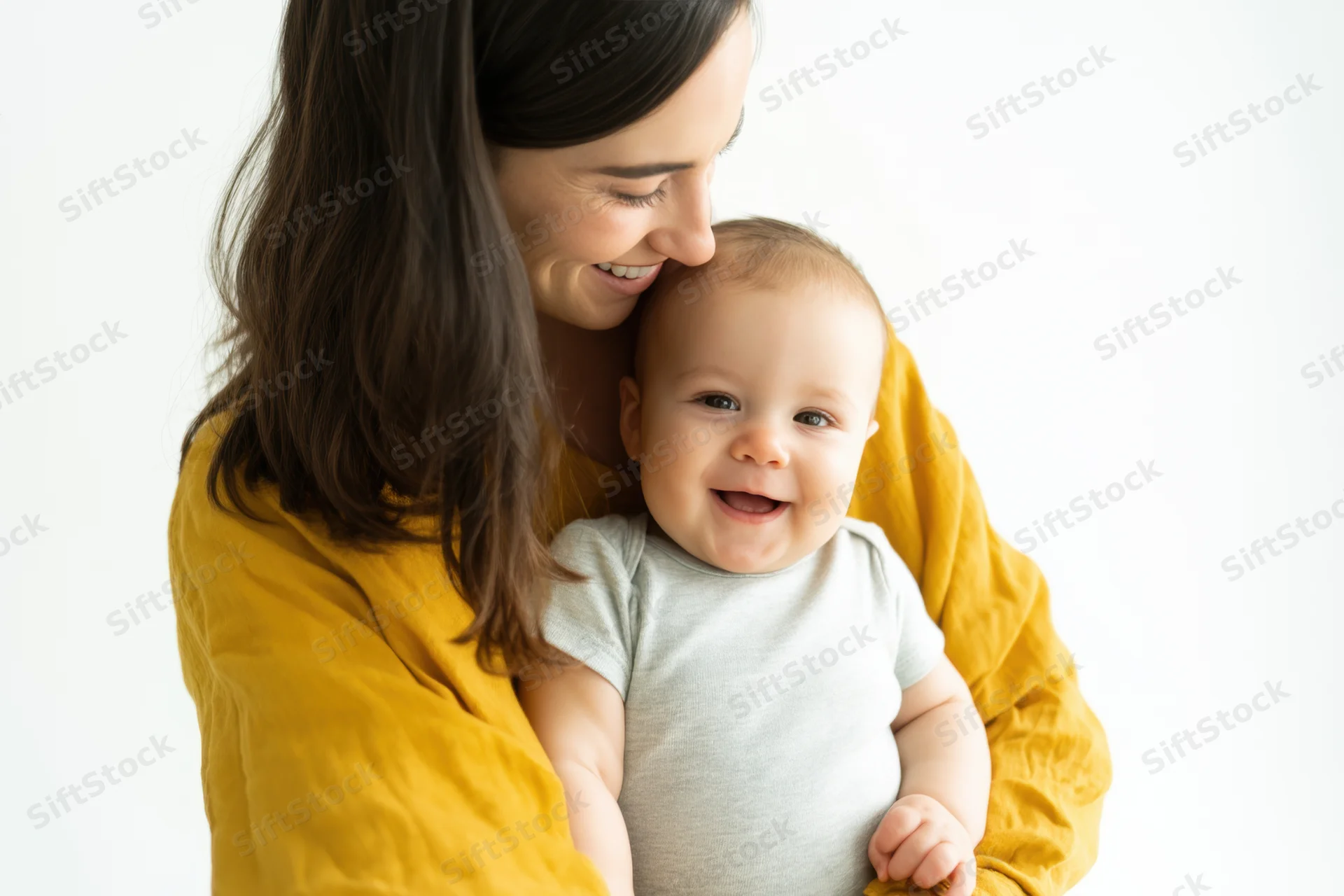Mother smiling and hugging her baby in a mustard yellow top against a white background