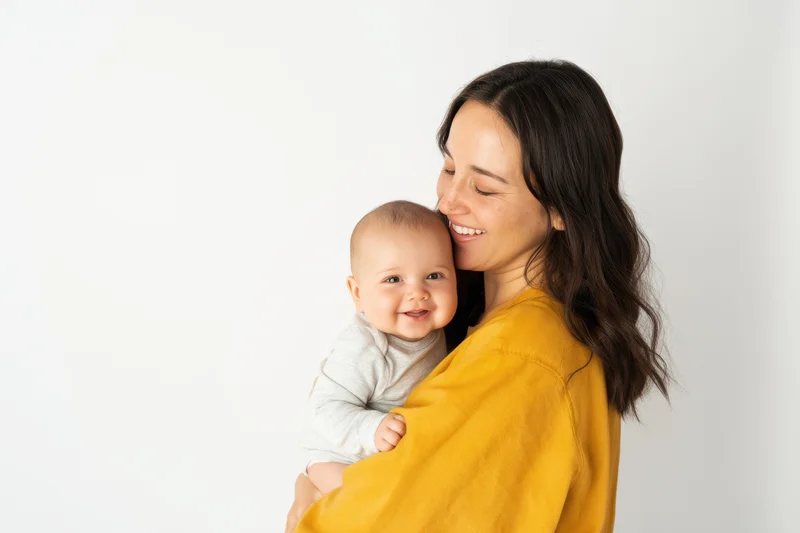 Mother holding baby close in a warm embrace against a white background