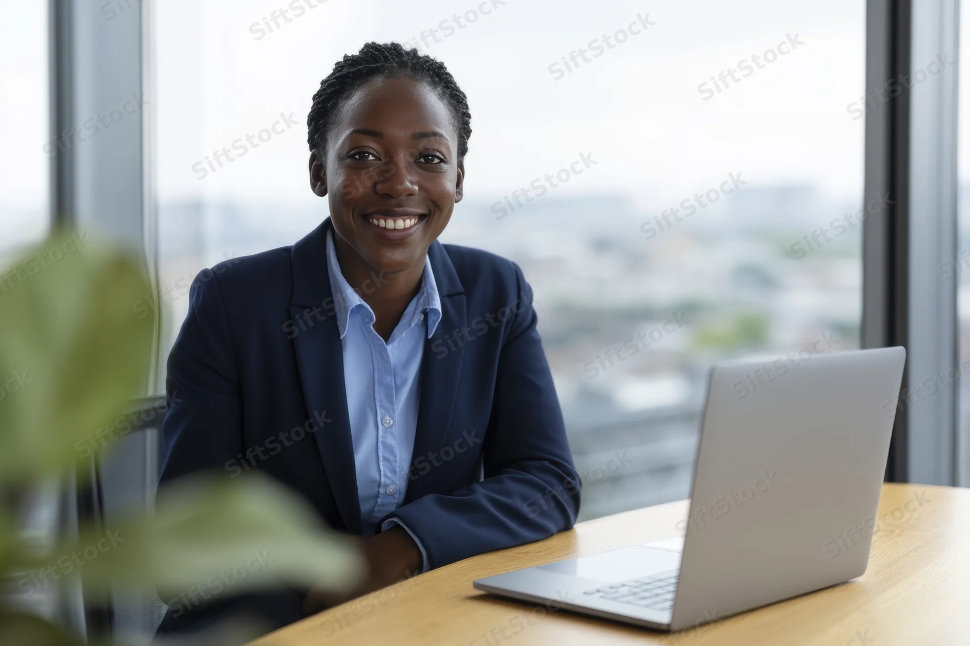 Smiling professional woman in navy blazer sitting at office desk with laptop, city view through window behind her
