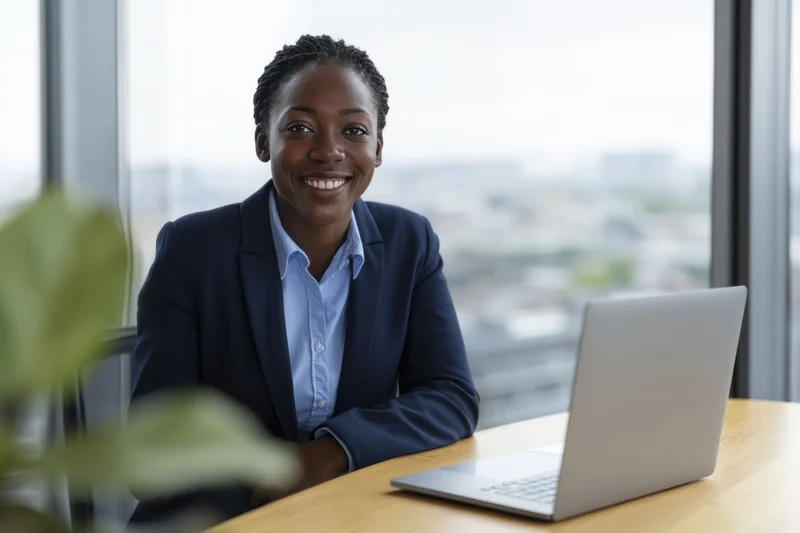 Smiling professional woman in navy blazer sitting at office desk with laptop, city view through window behind her