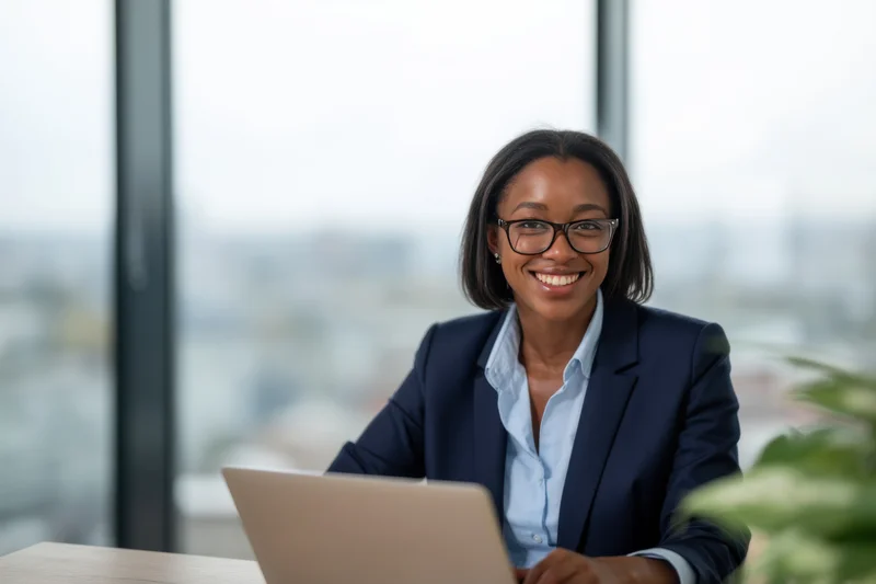 Smiling professional woman in navy blazer and light blue shirt using laptop at office desk near window