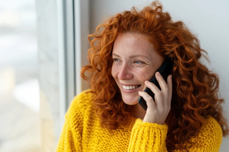 Smiling red-haired woman in yellow knitted sweater talking on smartphone by window