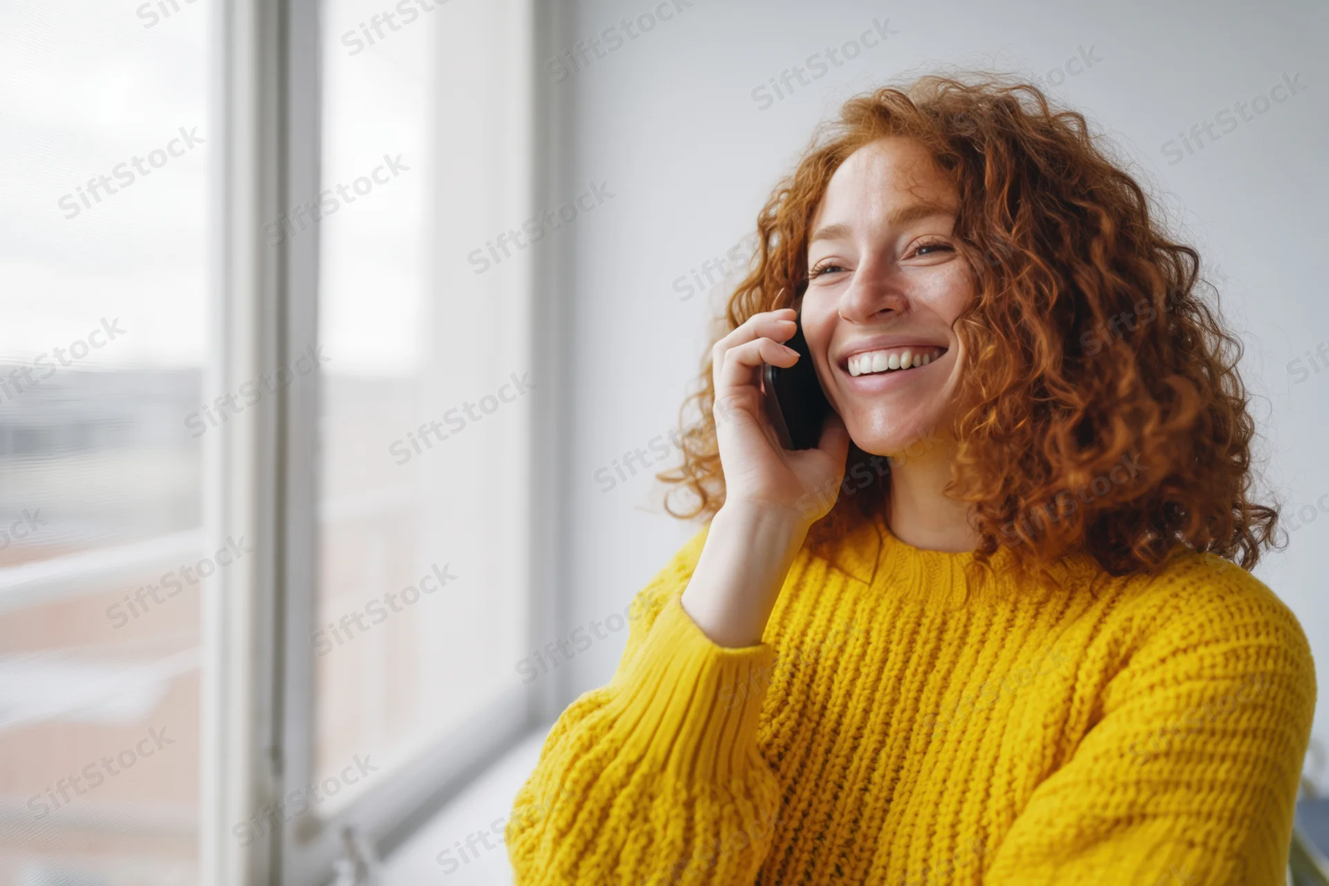 Smiling red-haired woman in yellow knitted sweater talking on phone by window indoors