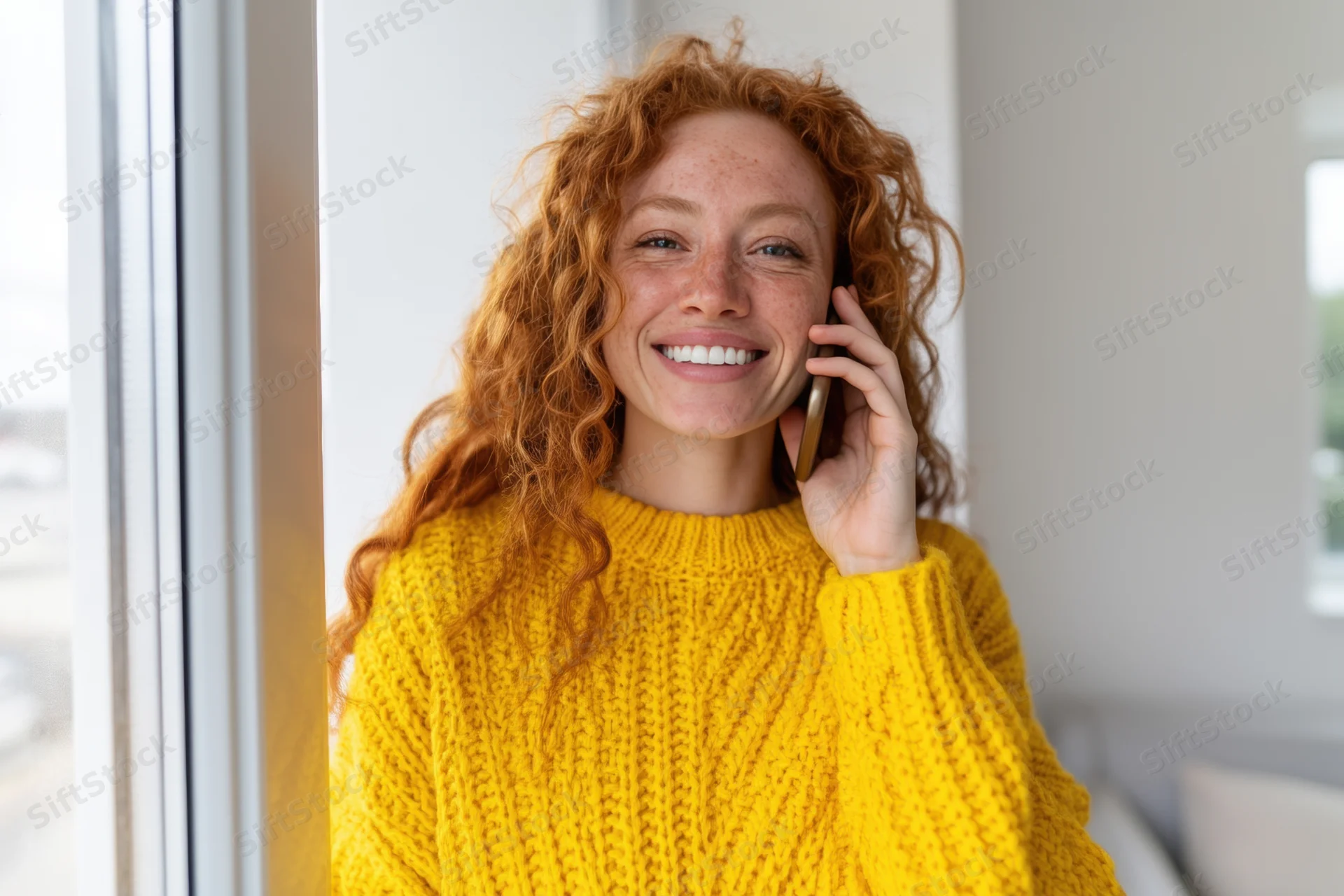 Smiling red-haired woman in yellow knitted sweater talking on phone indoors near window