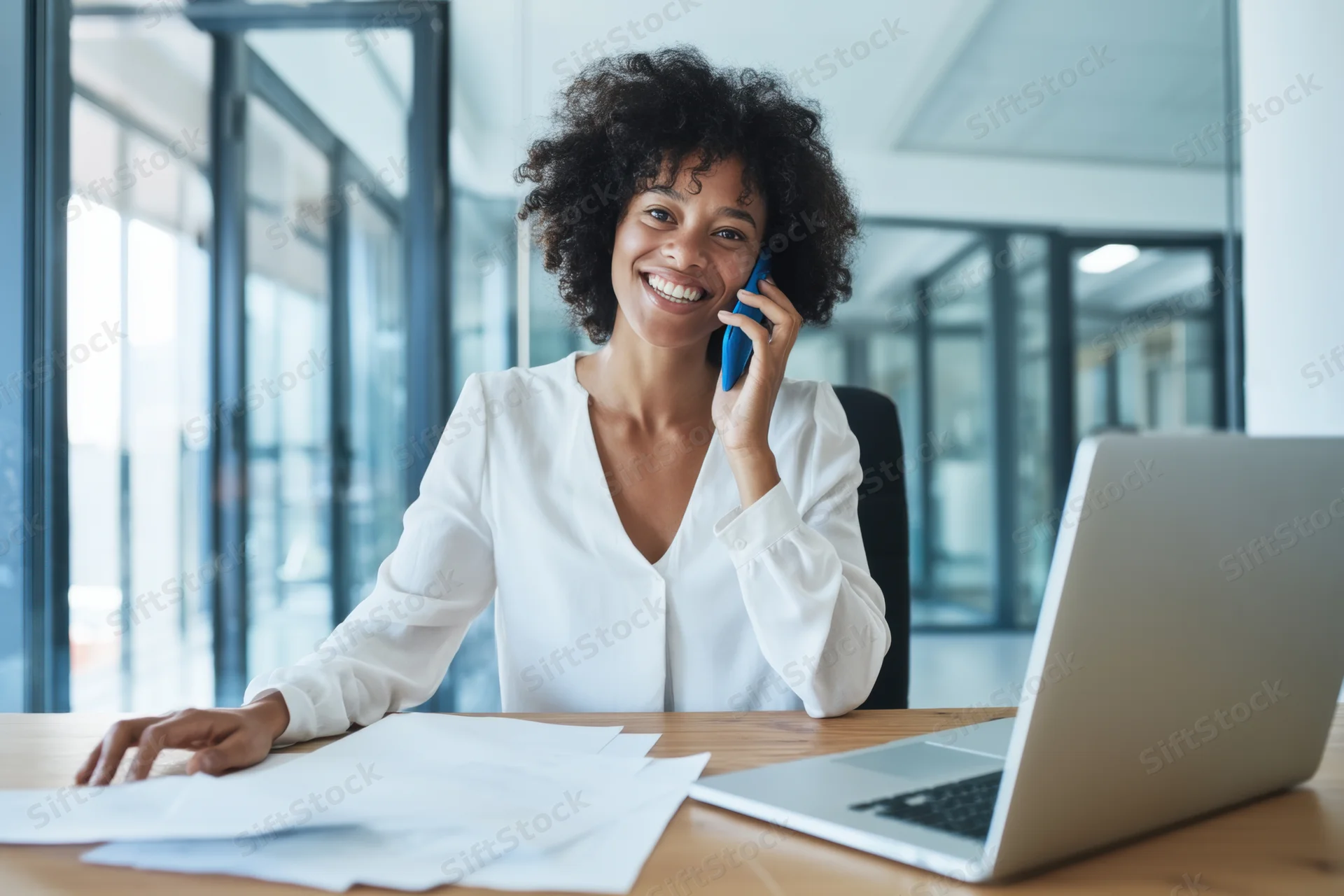 Smiling woman in white blouse talking on phone at wooden desk in office