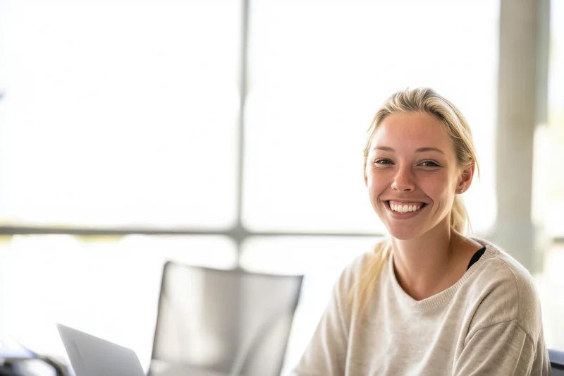 Young woman smiling at camera in office workspace with laptop and chair near window