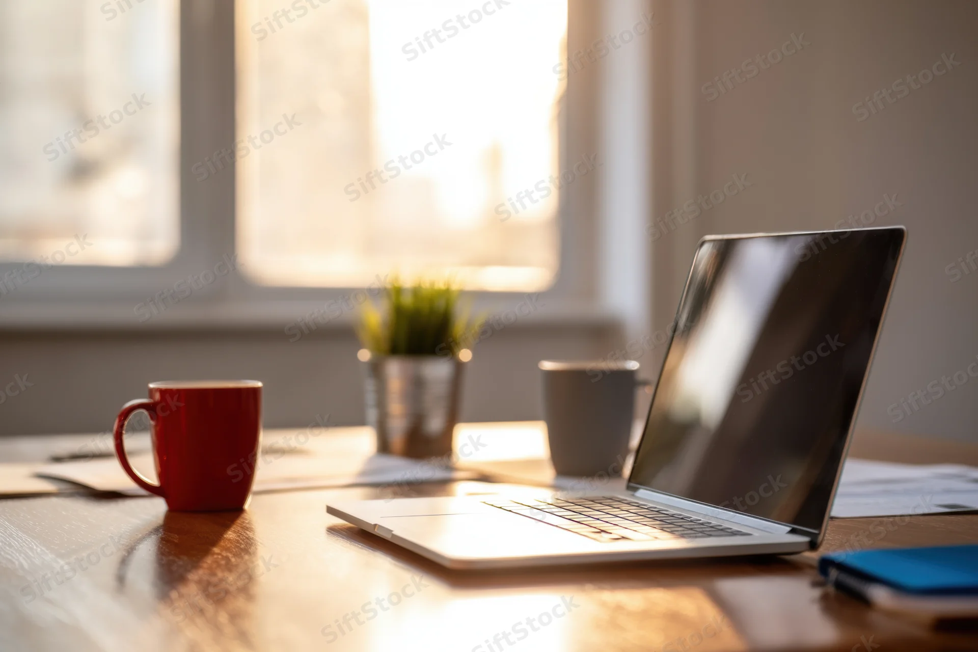 Silver laptop open on wooden desk beside red mug and small plant near sunlit window