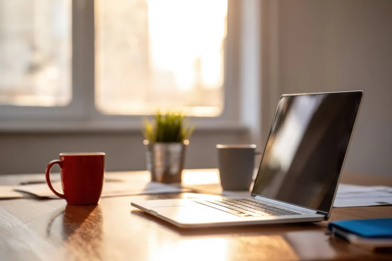 Silver laptop open on wooden desk beside red mug and small plant near sunlit window