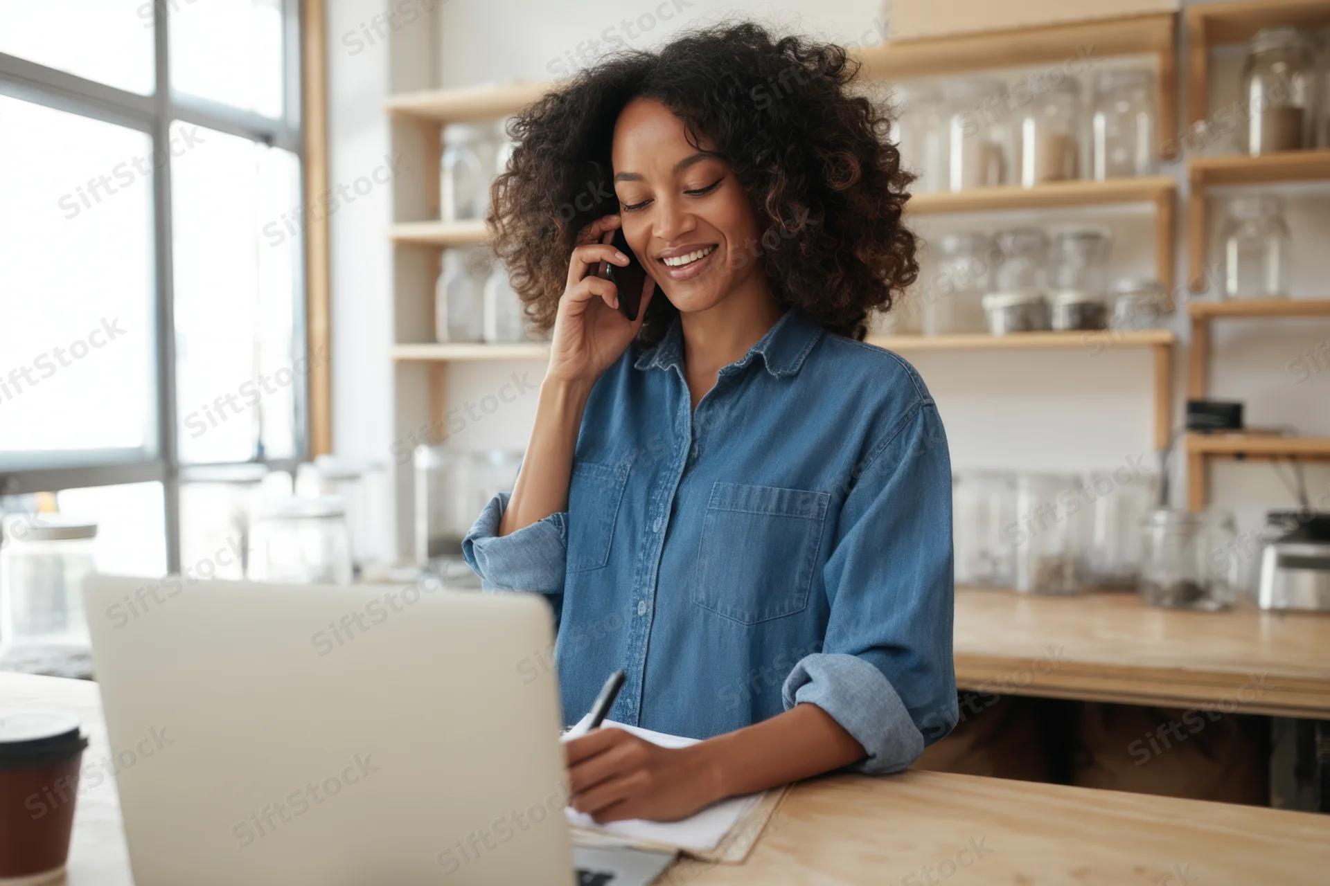 Woman smiling while talking on phone and writing notes at wooden desk in bright office with shelves of glass jars