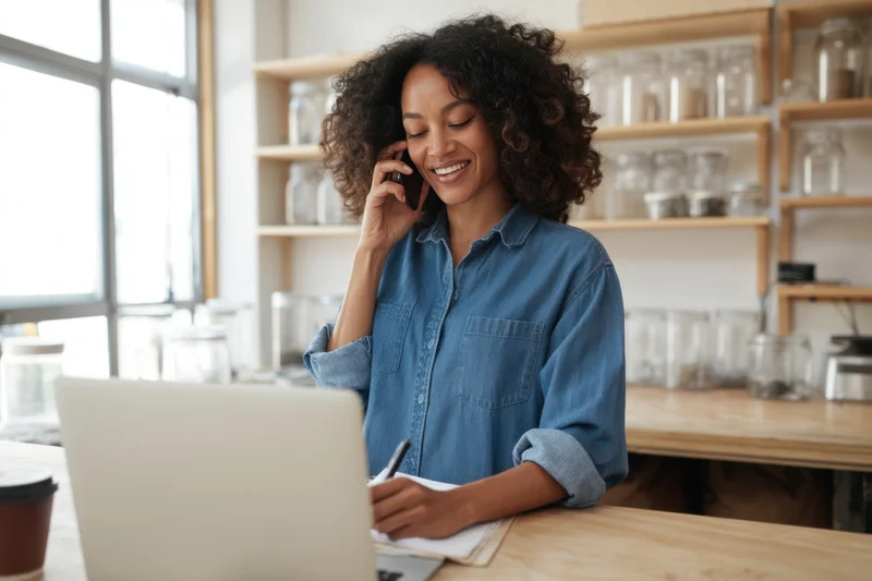 Woman smiling while talking on phone and writing notes at wooden desk in bright office with shelves of glass jars