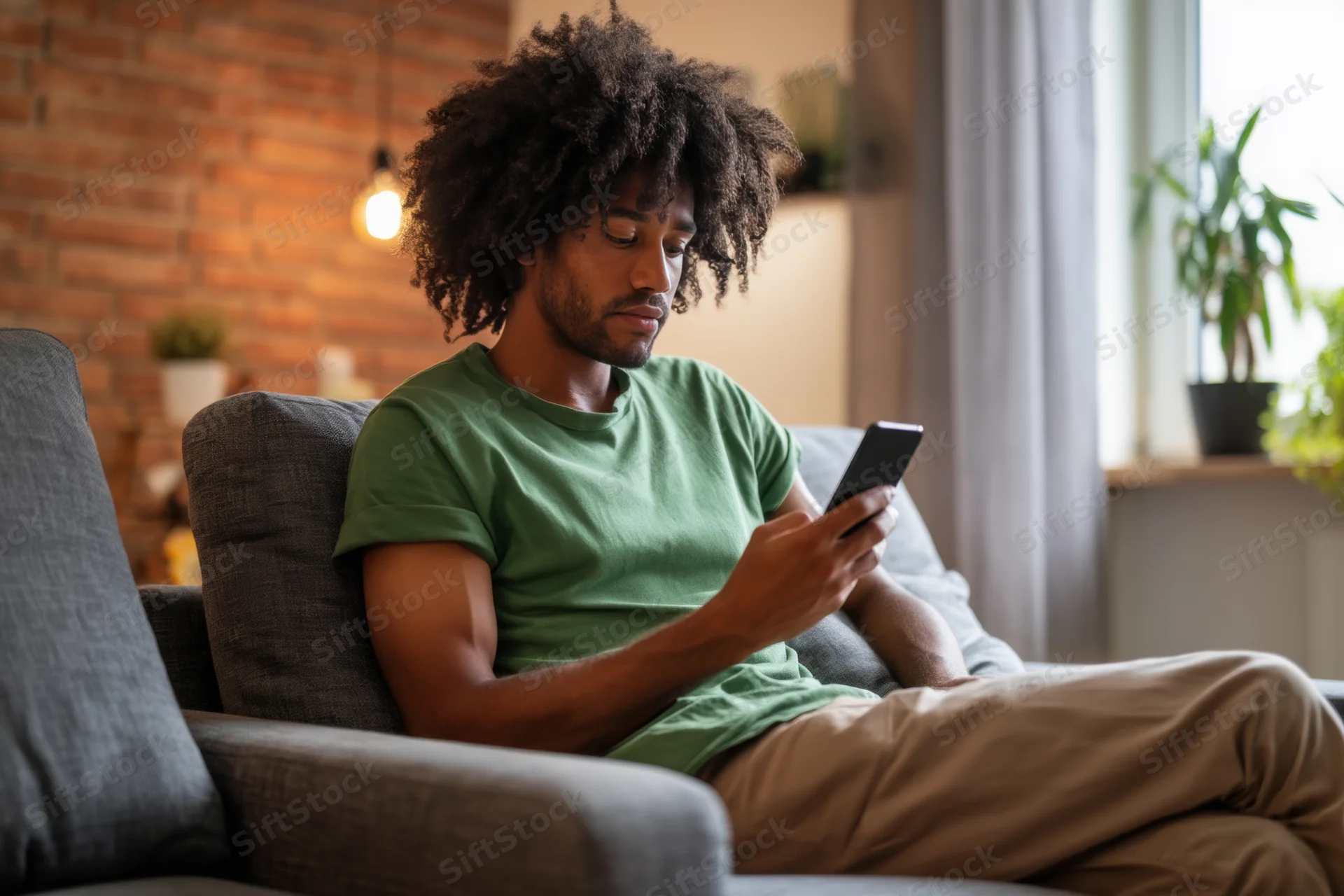 Young black man with curly hair relaxing on sofa using smartphone in living room with brick wall and plants