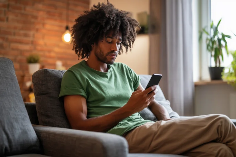 Young black man with curly hair relaxing on sofa using smartphone in living room with brick wall and plants