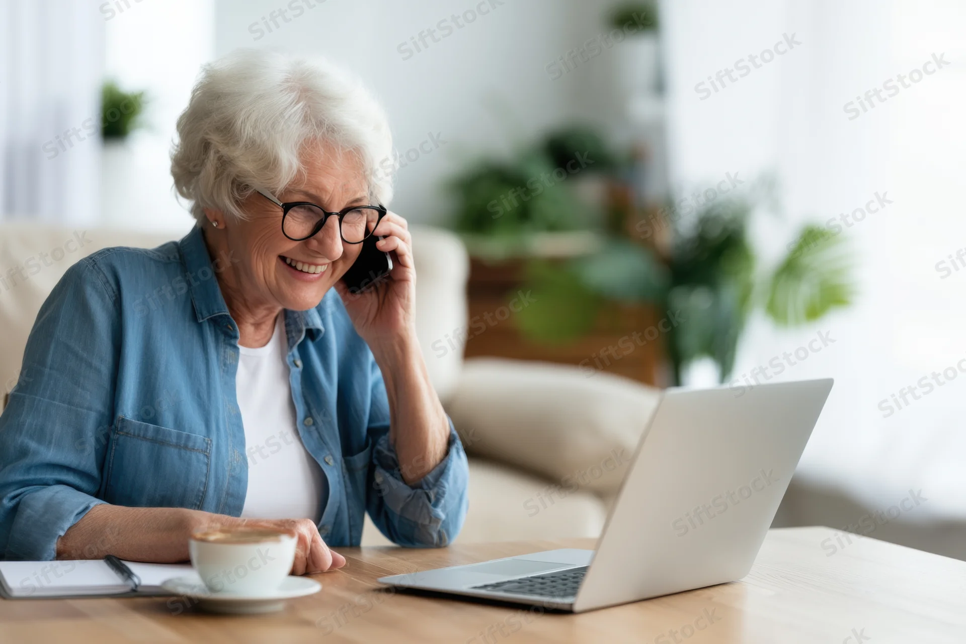 Senior woman smiling while talking on phone at home office desk with laptop and coffee