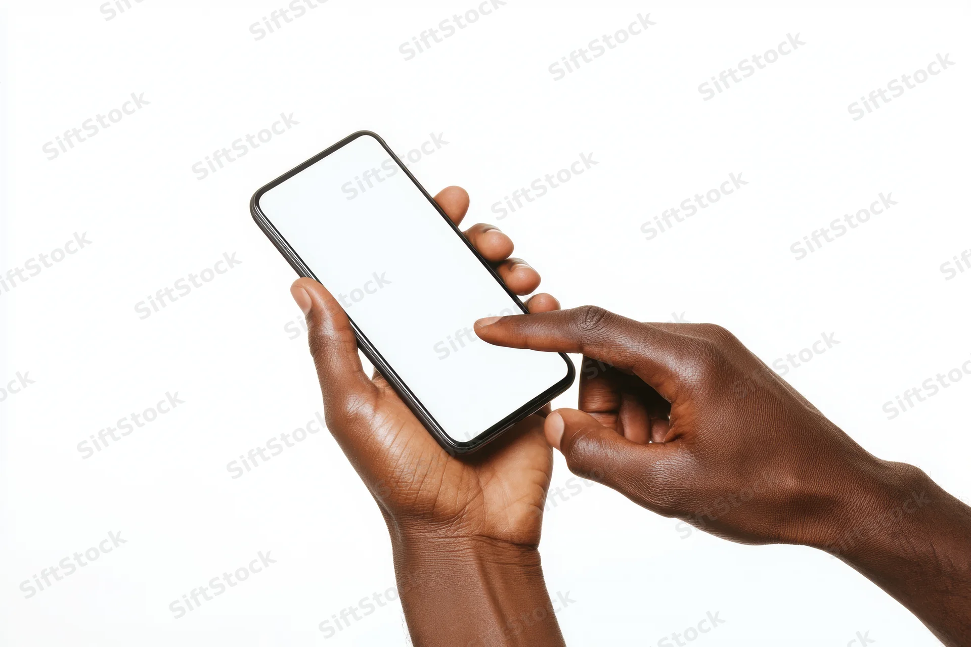Dark-skinned hands holding and touching a smartphone with a blank white screen against a white background