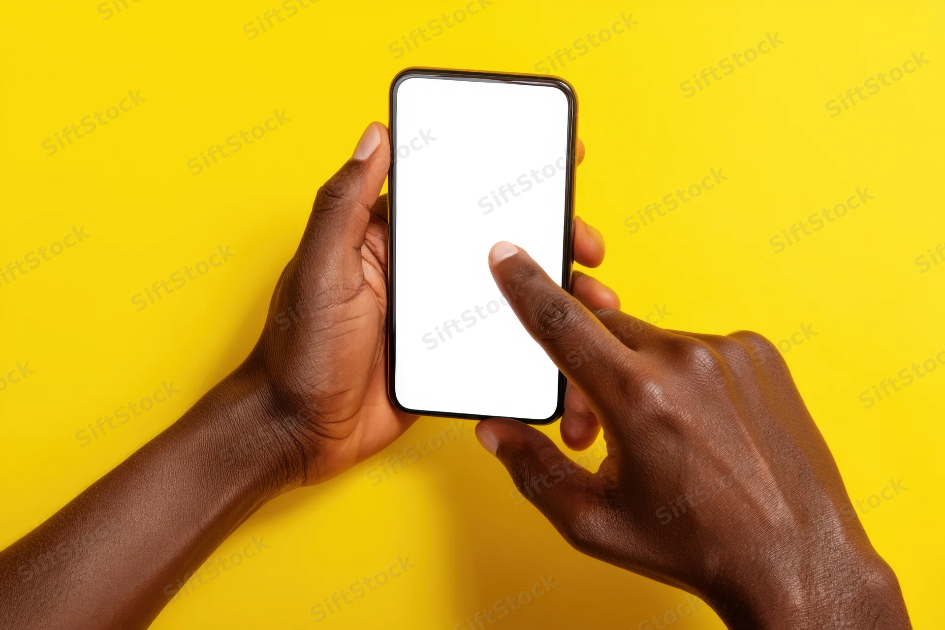 Black hands holding smartphone with blank white screen against yellow background