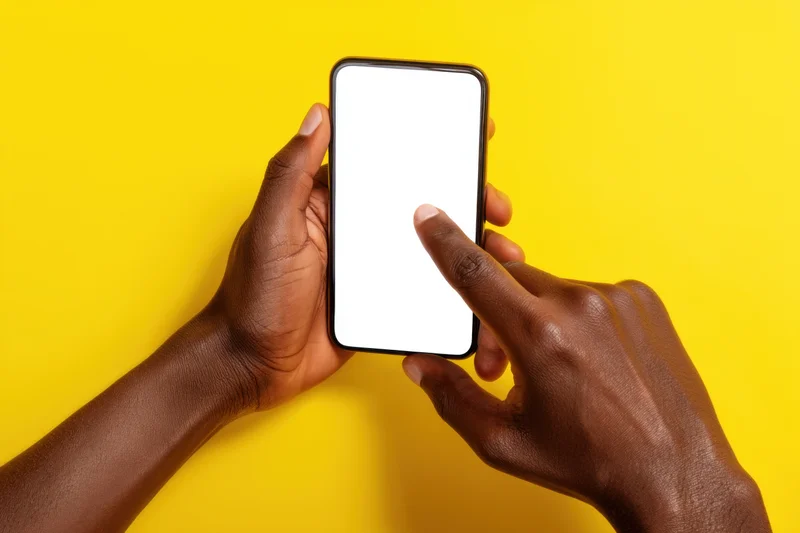 Black hands holding smartphone with blank white screen against yellow background