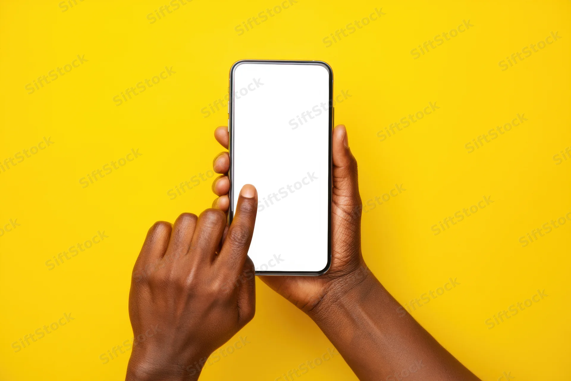 Hands holding smartphone with blank white screen against yellow background