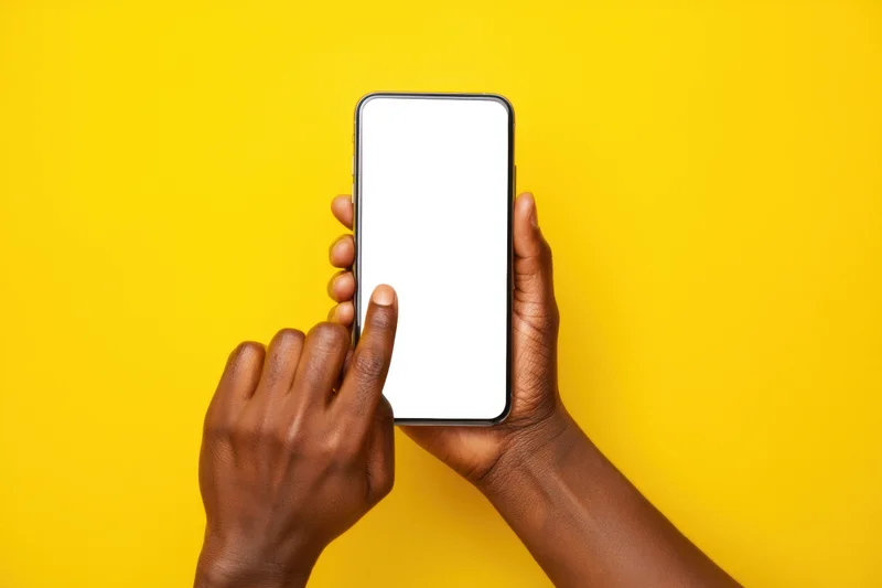Hands holding smartphone with blank white screen against yellow background