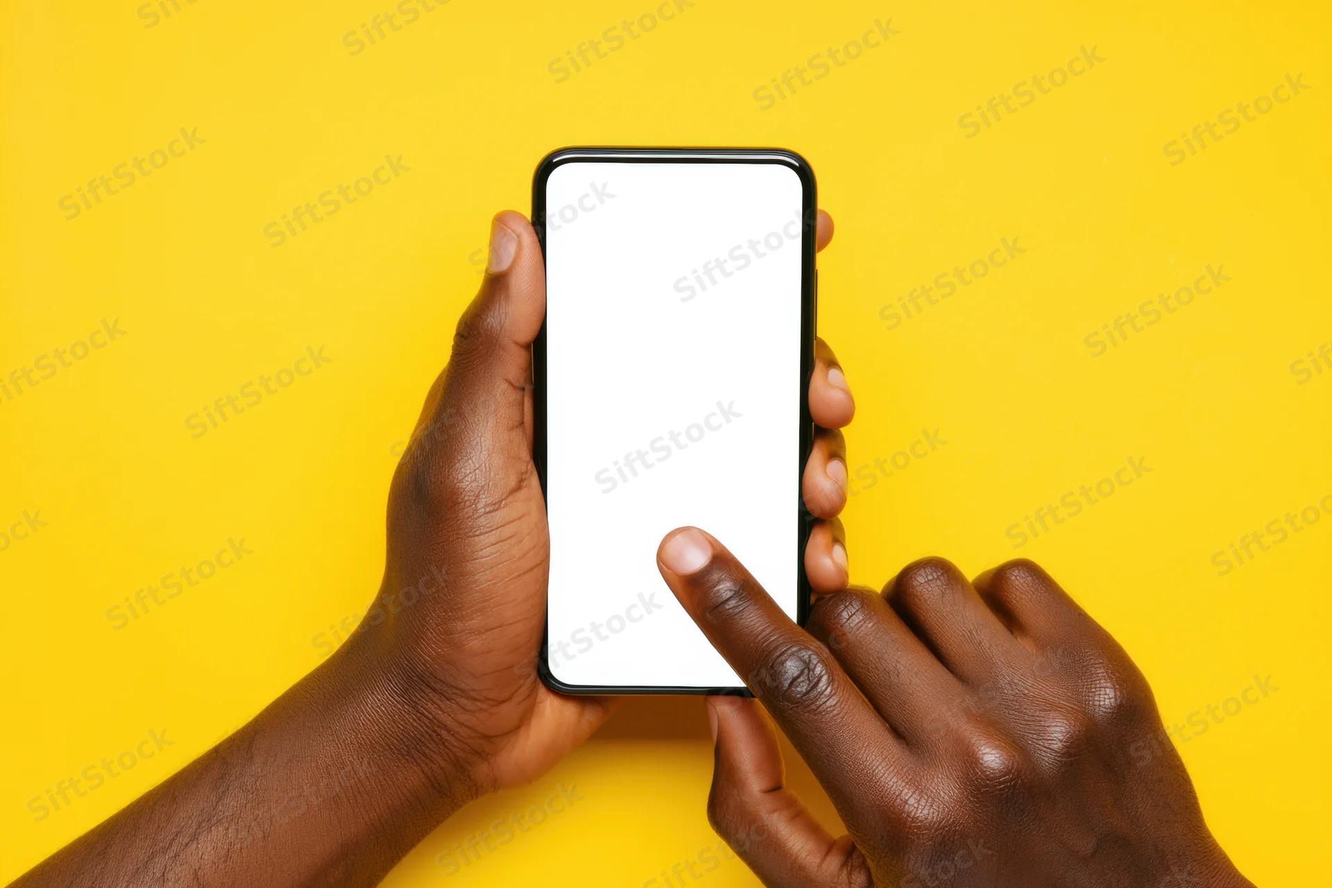 Hands holding smartphone with blank white screen against yellow background