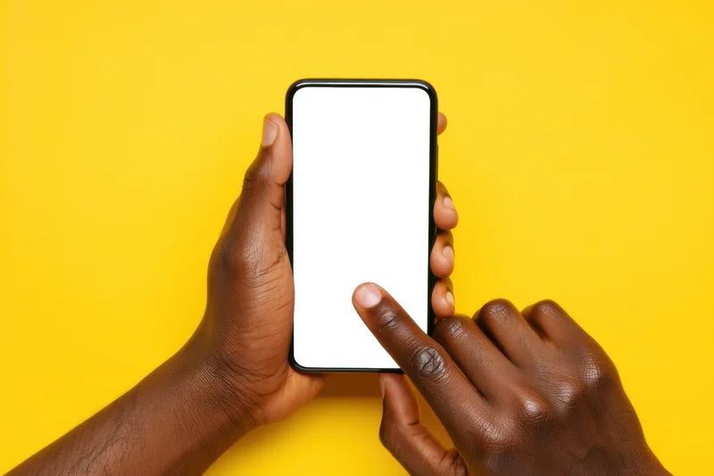 Hands holding smartphone with blank white screen against yellow background