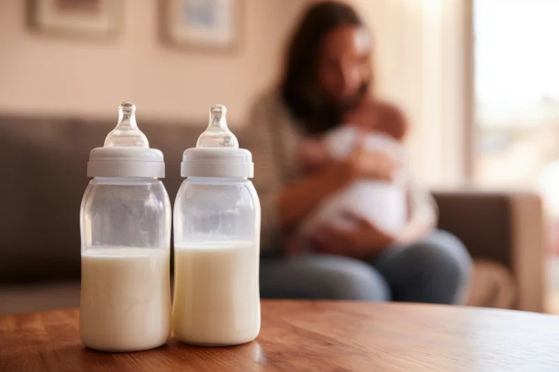 Two baby bottles filled with milk on a wooden table in front of a mother holding a newborn on a sofa