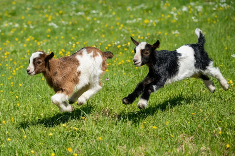 Two baby goats sprinting across a sunlit meadow filled with yellow flowers