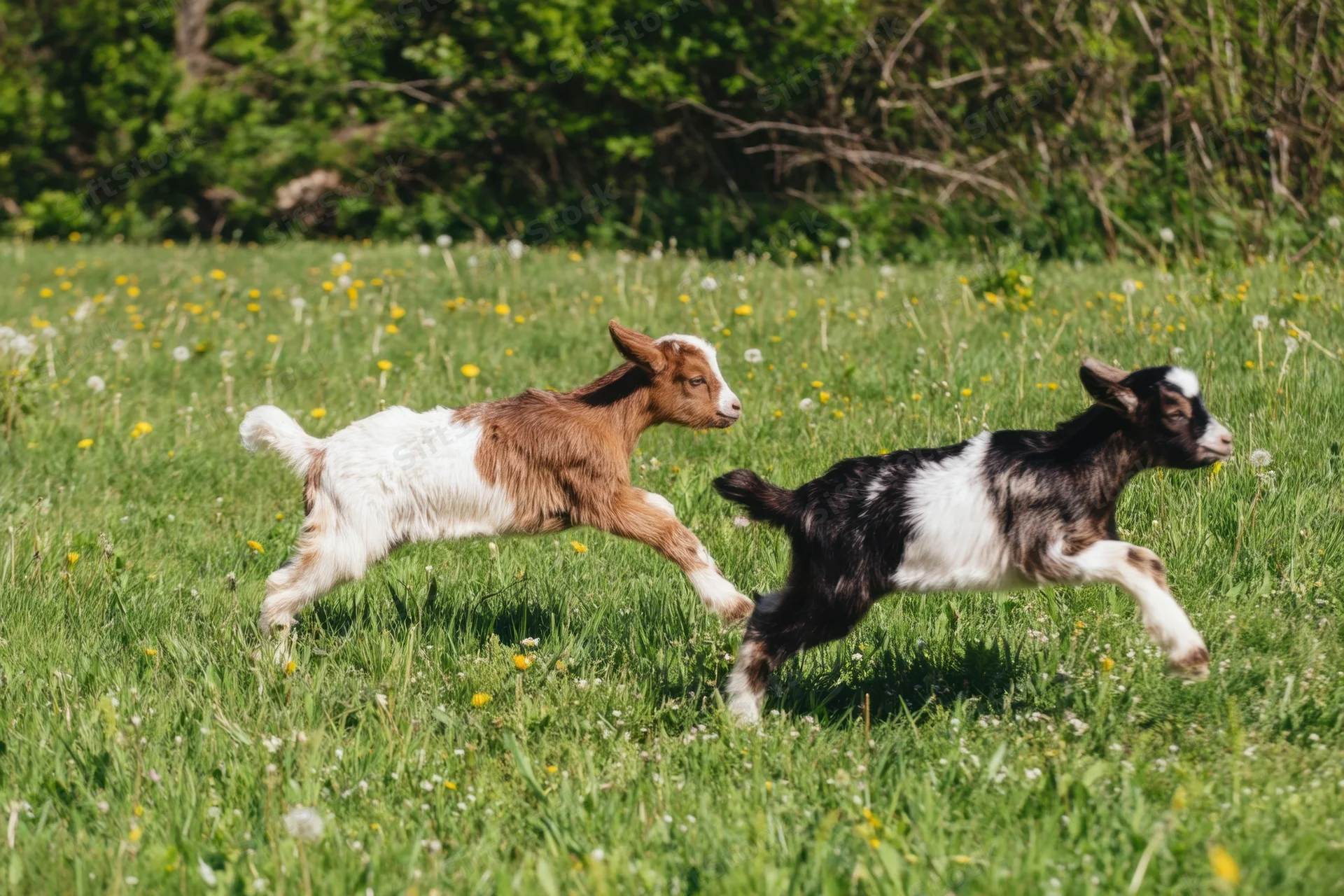 Two baby goats sprinting across a sunlit meadow filled with wildflowers