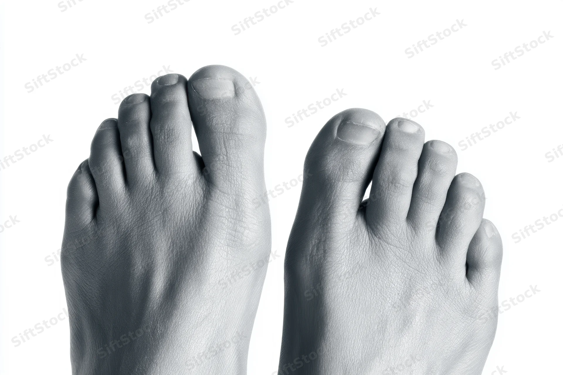Two bare human feet shown in closeup against a white background in grayscale