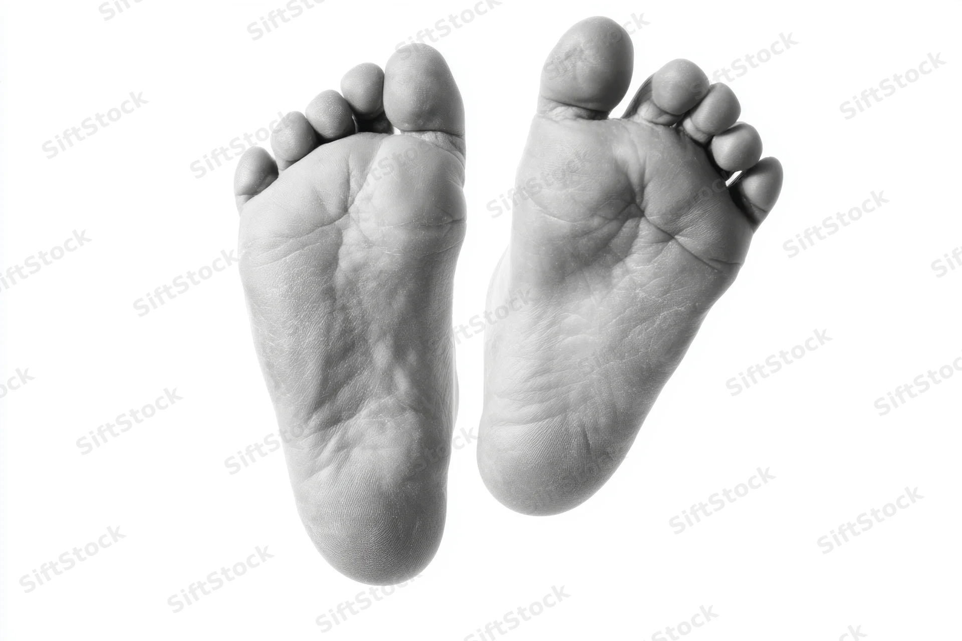 Two bare human feet viewed from above on a white background
