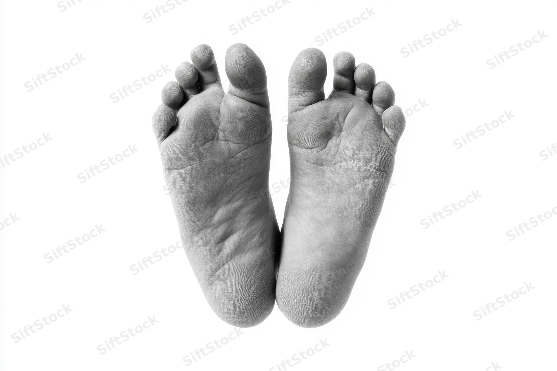 Two bare human feet viewed from above on a white background
