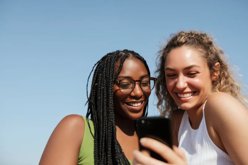 Two women smiling at a smartphone outdoors under a clear sky