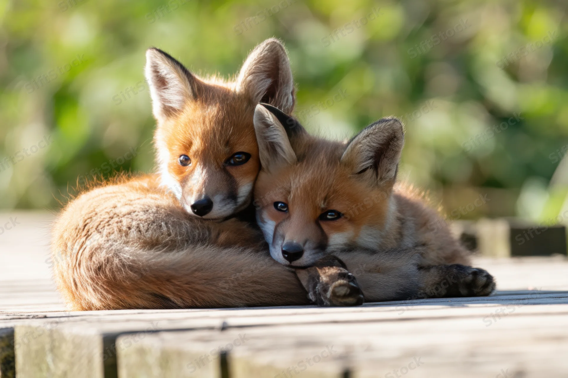 Two red fox cubs cuddling closely on a weathered wooden deck