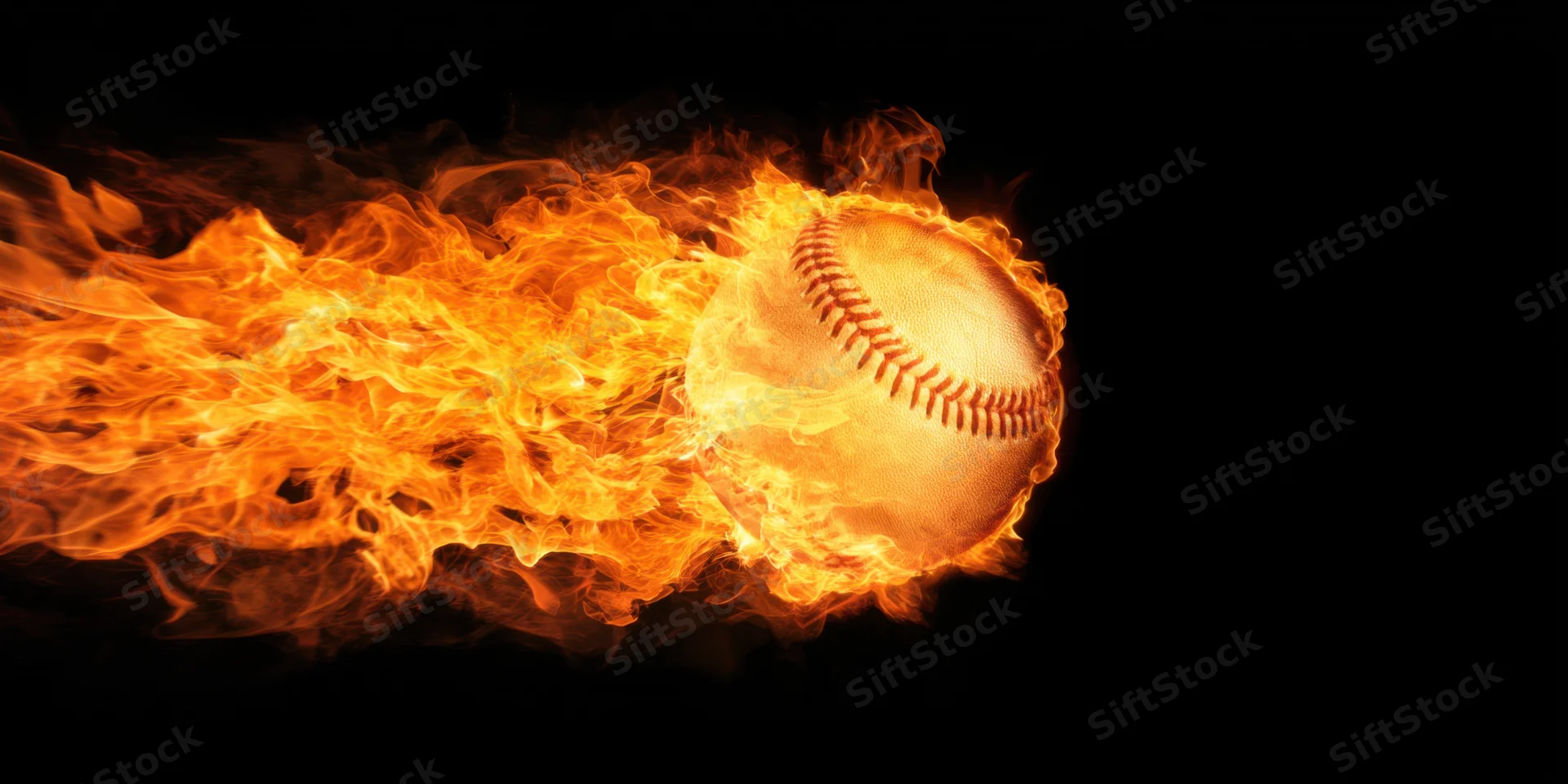 Baseball engulfed in bright orange flames streaking across black background